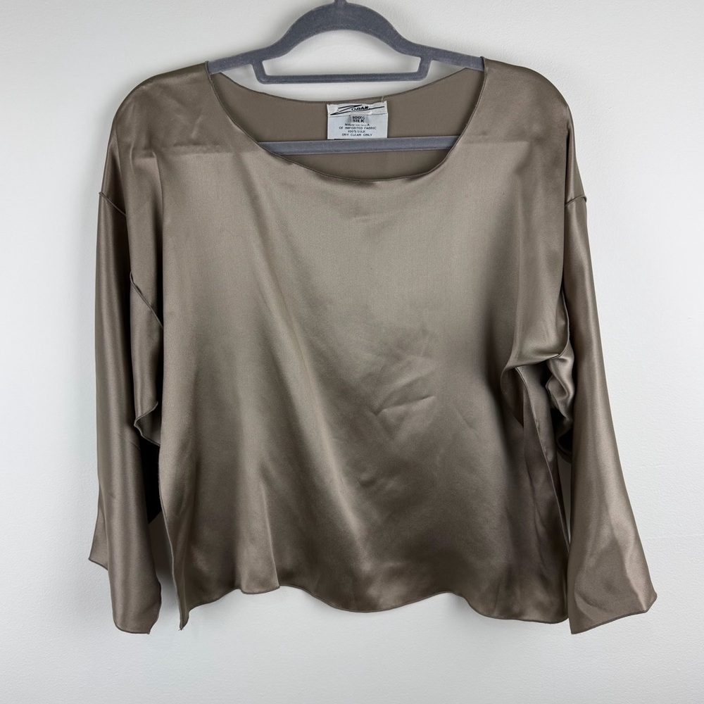 Zoran Taupe 100% Silk Blouse Long Sleeve Minimalist Luxury Top L
